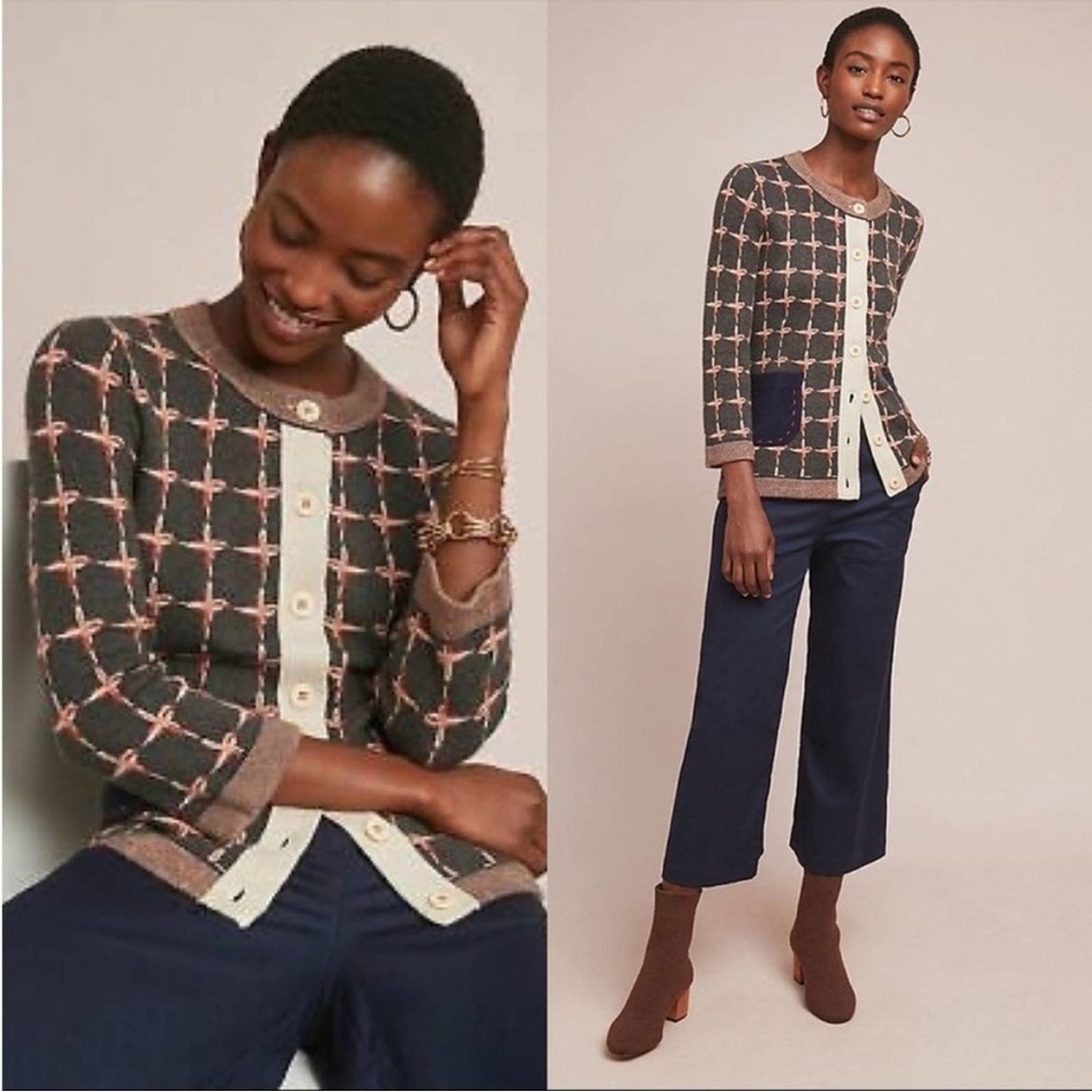 Anthropologie Gray Knit Cardigan with Cream Trim and Pink Cross Pattern